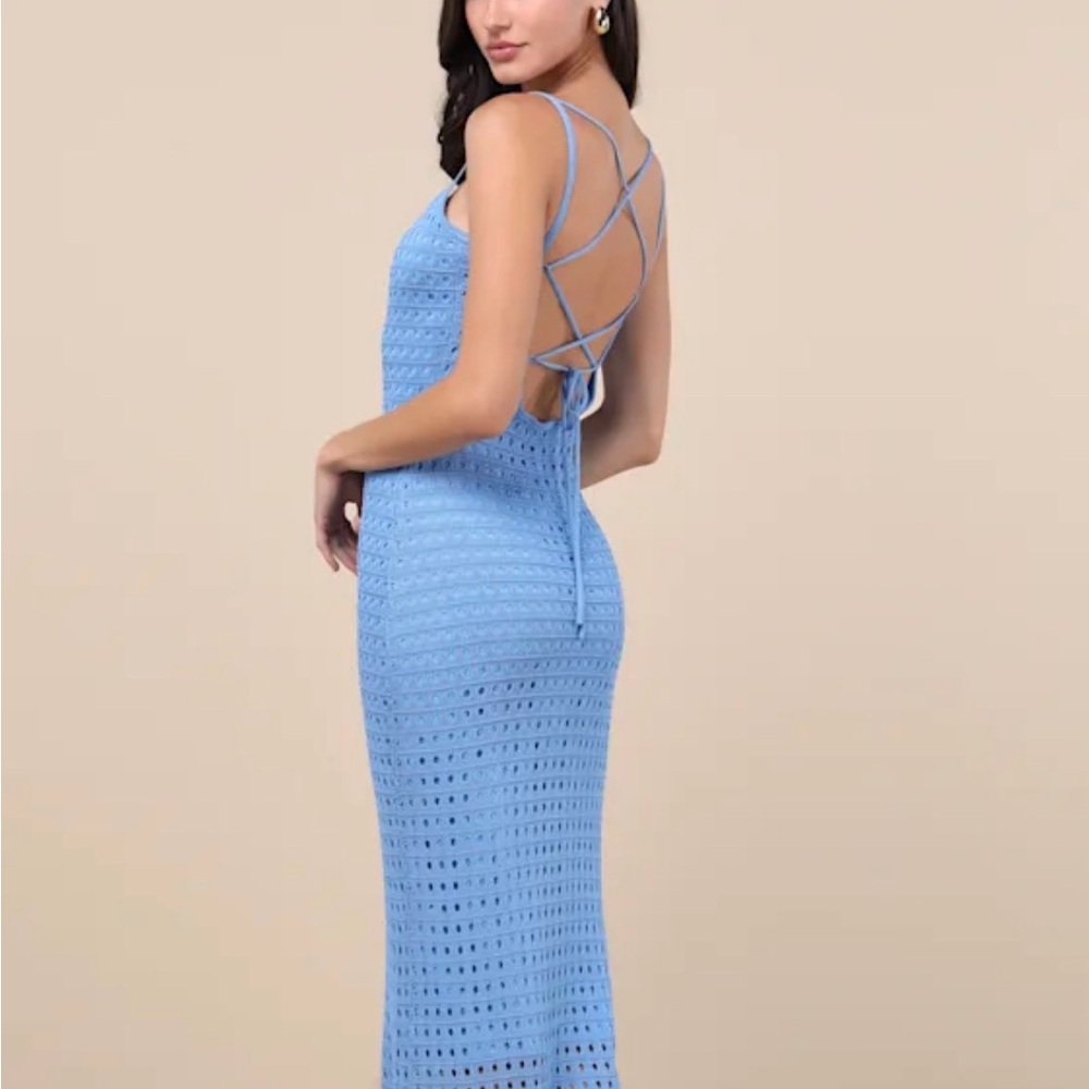 Lulus Ventura Vision Blue Crochet Lace-up Midi Dress - Size S - Picture 3 of 4